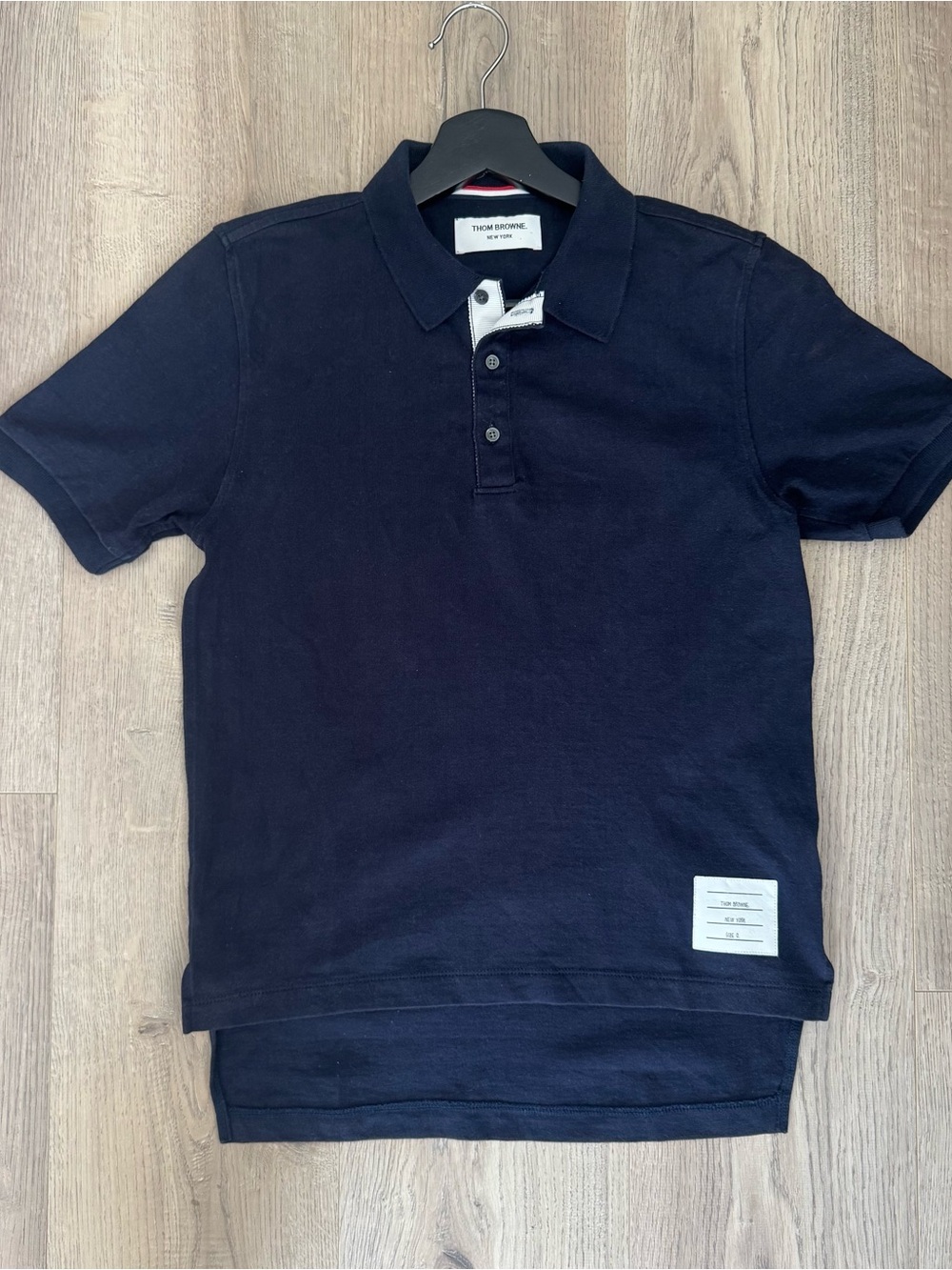 Thom Browne Navy Polo Tee with Signature Label